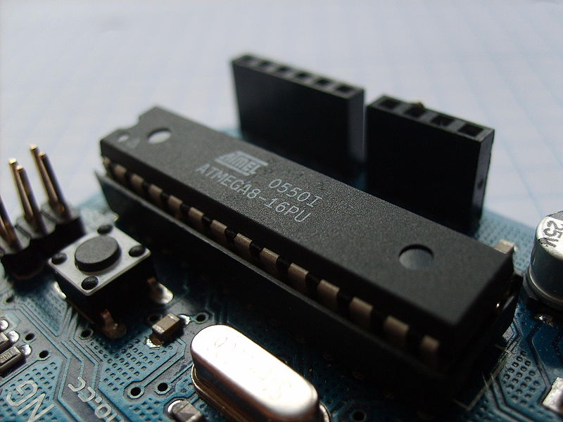 An Atmel AVR ATMega8-16PU microcontroller  [By DustyDingo - Public Domain](http://commons.wikimedia.org/wiki/File:Arduino_avr_atmega8-1.jpg)