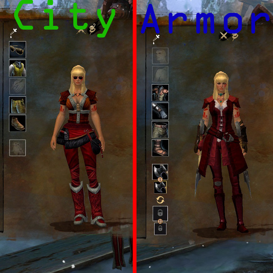 You also have clothing options for 'City' vs standard armor. The city gear, of course, required the purchase of a pair of aviators.