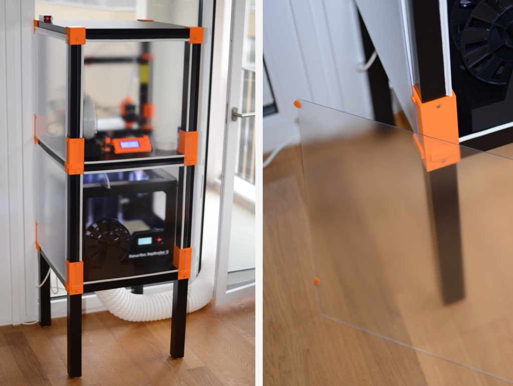 A Thingiverse design for a printer enclosure based on the Ikea LACK table, 3D printed parts and some small amounts of plexiglass.