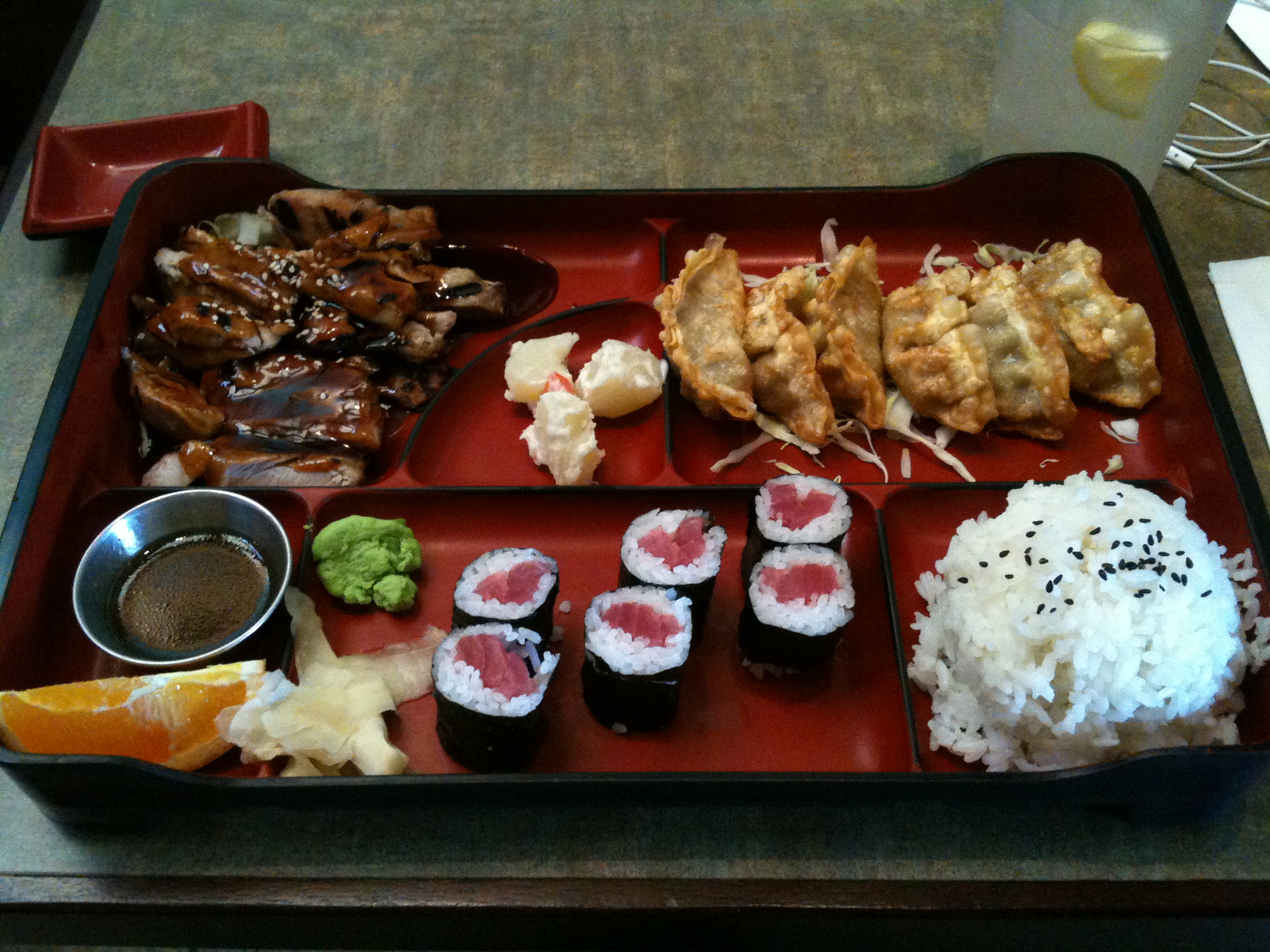 My dinner. Terriyaki chicken, gyoza & a Tekka roll